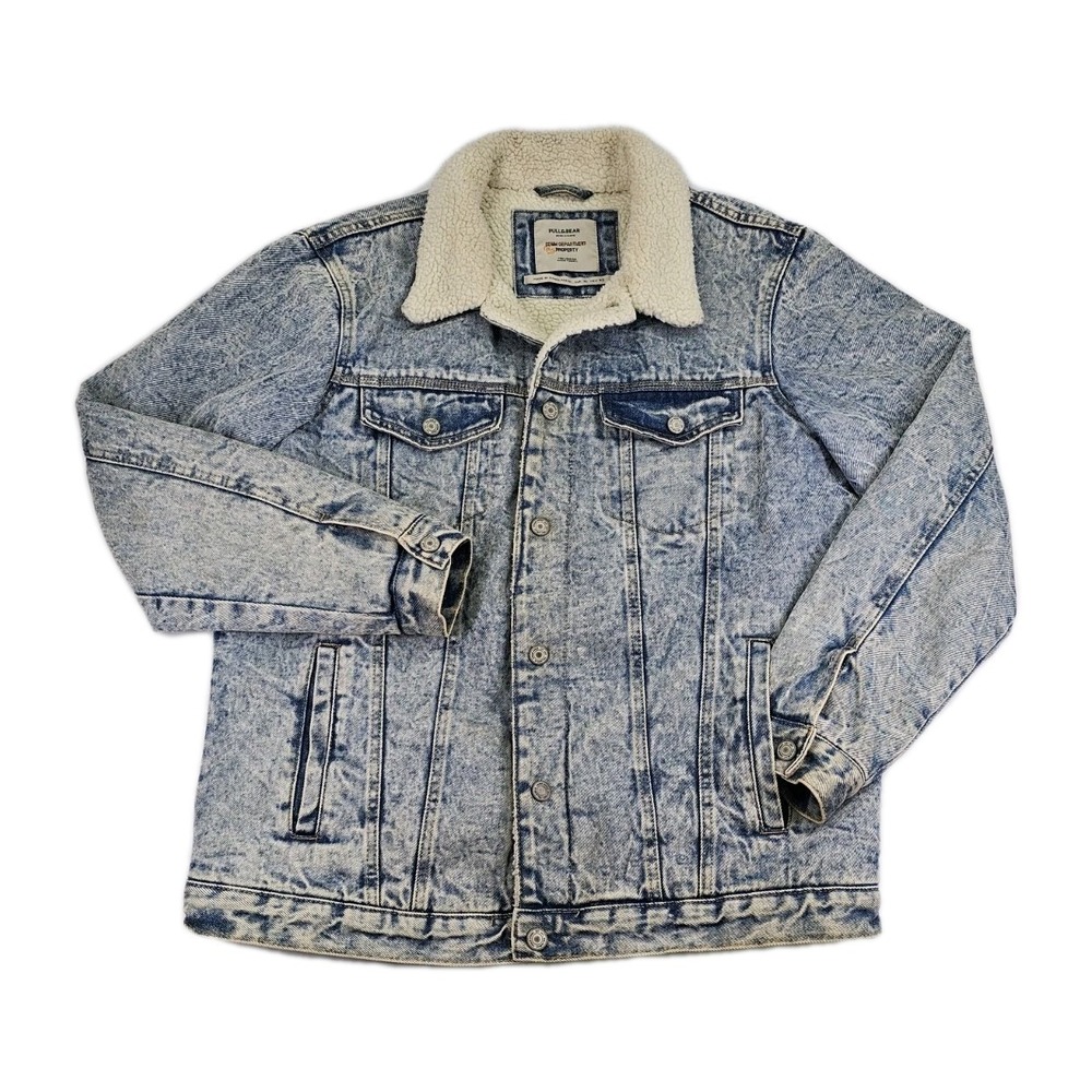 Pull & Bear Mens Large Acid Wash Jean Jacket Sherpa‎ Lined Thick Trucker Coat